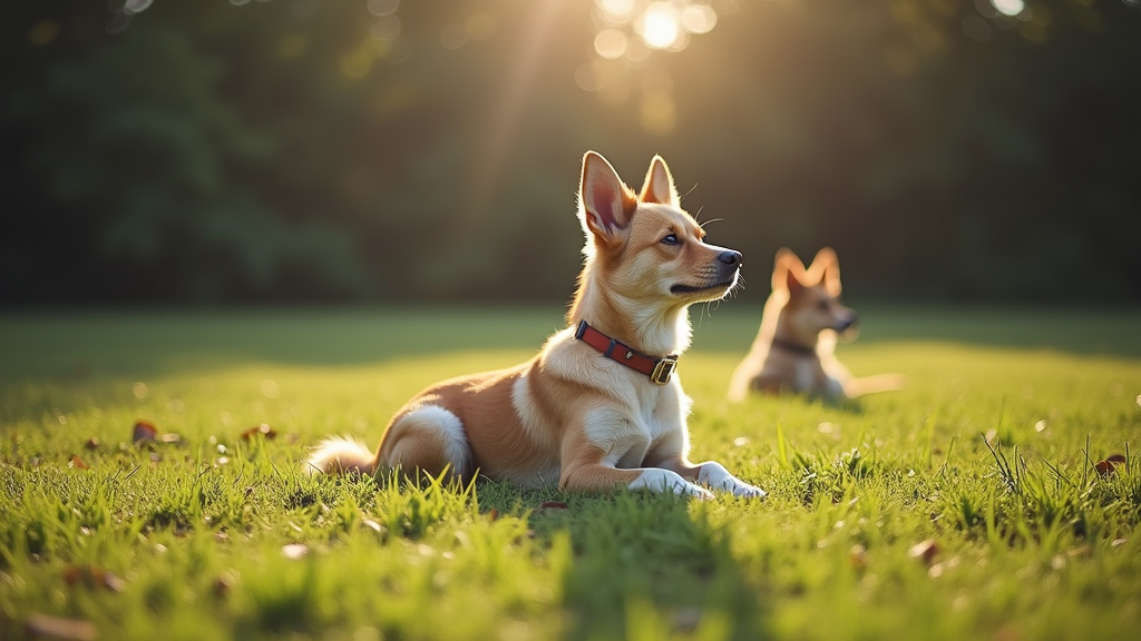 A dog calmly observing another dog from a distance